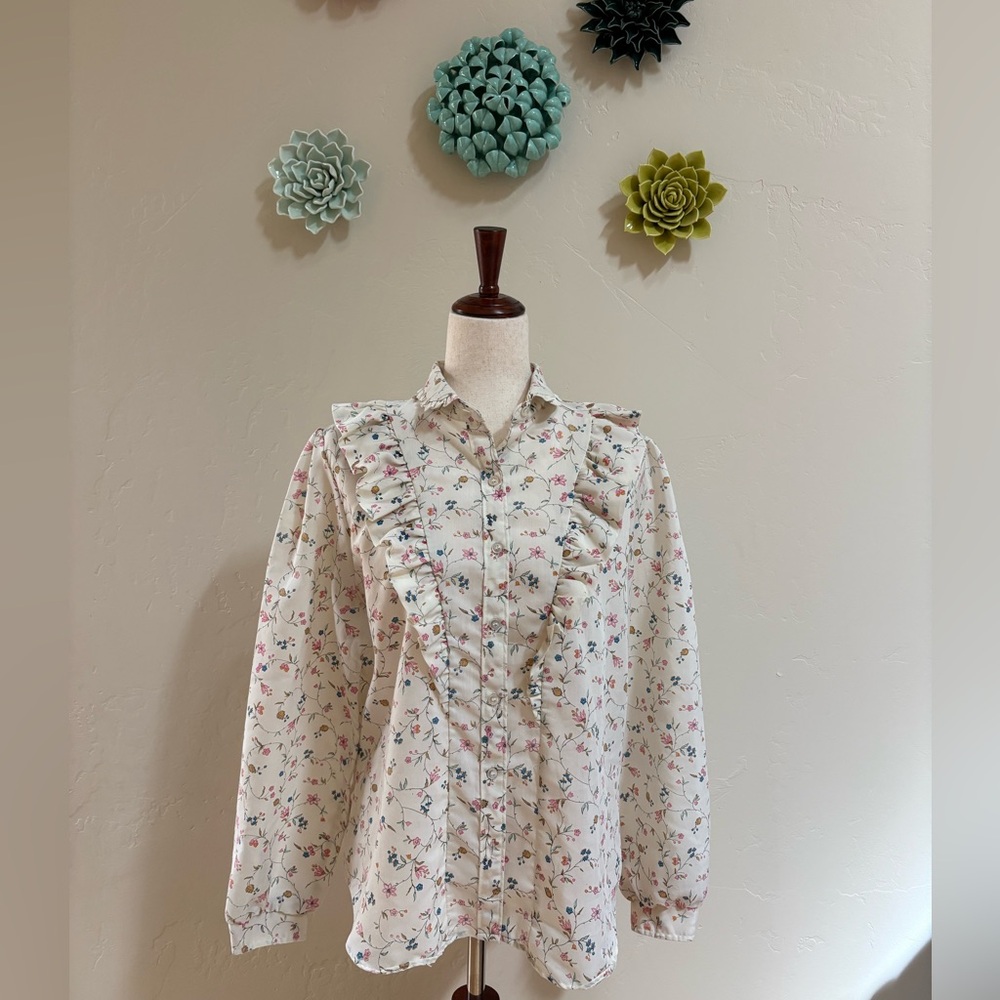 Vintage 80s Lady Maverick Floral Ruffle Prairie Calico Blouse in Cream 40 L